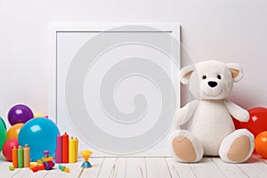 White wooden blank frame surrounded by playthings and colorful toys. Generative AI