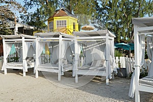 White wooden canopy or beach tent on the white sand between trees in Bridgetown on a tropical Barbados island.