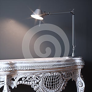 White wooden carved table with bright lamp 3d render