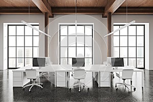 White and wooden ceiling open space office interior