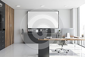 White and wooden CEO office interior, poster