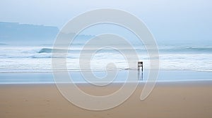 White wooden chair on the edge of the ocean at dawn, sunset on the beach with chair