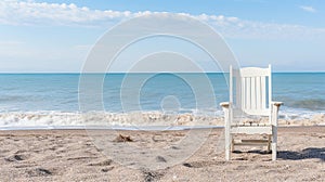 White wooden chair on the edge of the ocean at dawn, sunset on the beach with chair