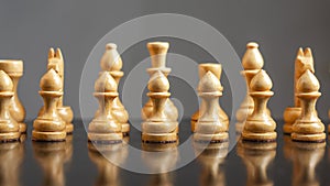 White wooden chess pieces. Focus on pawns. Reflection. Strategy. Game. Sport. Business