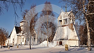 White wooden city church of Pitea in North Sweden in winter