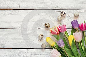 White wooden Easter background with tulips and eggs
