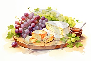 White wooden food background dairy brie french cheese gourmet board fruit snack camembert