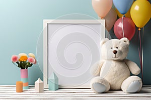 White wooden frame with a blank mockup, surrounded by playthings teddy bear and colorful toy