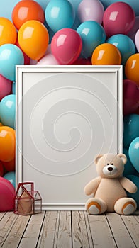 White wooden frame with a blank mockup, surrounded by playthings teddy bear and colorful toy