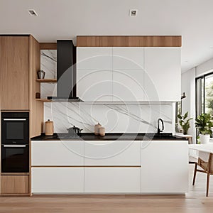 White wooden furniture in front of a kitchen with wood-colored furniture mixed in with white marble