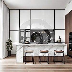 White wooden furniture in front of a kitchen with wood-colored furniture mixed in with white marble