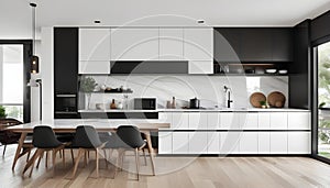 White wooden furniture in front of a kitchen with wood-colored furniture mixed in with white marble