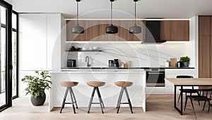 White wooden furniture in front of a kitchen with wood-colored furniture mixed in with white marble