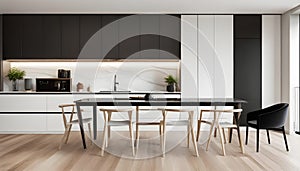 White wooden furniture in front of a kitchen with wood-colored furniture mixed in with white marble