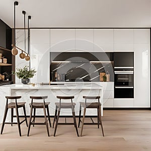 White wooden furniture in front of a kitchen with wood-colored furniture mixed in with white marble