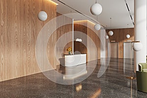 White and wooden hotel lobby corner with reception and elevators