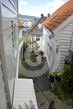 White wooden houses in old part of bergen, norway