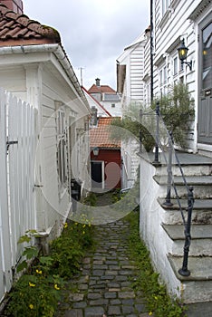 White wooden houses in old part of bergen, norway