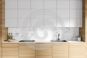 White and wooden kitchen with cupboards, close up