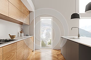 White and wooden kitchen interior with bar counter and shelves with window