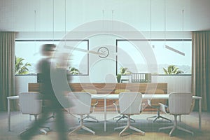 White and wooden meeting room interior people