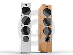 White and wooden modern speakers