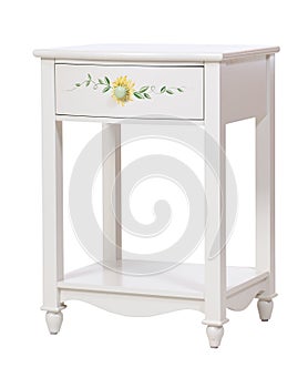 White wooden nightstand isolated, with clipping pa