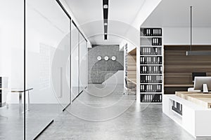 White and wooden office interior, concrete