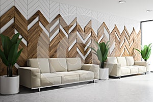 White and wooden office lounge with sofas