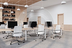 White and wooden open space office corner with doors