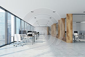 White and wooden open space office interior