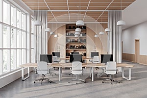 White and wooden open space office interior with curtains