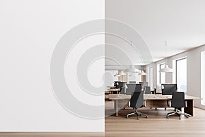 White and wooden open space office interior with mock up wall