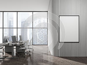 White wooden open space office interior with poster