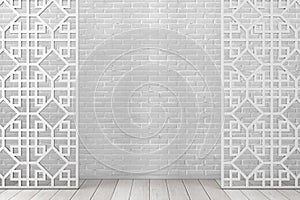 White Wooden Pattern Divider Screen in Arabic or Chinese Style. 3d Rendering