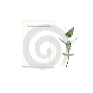 White wooden photo frame and green eucalyptus leaves on white background. Flat lay top view copy space. Stylish minimal