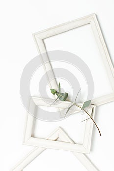 White wooden photo frame and green eucalyptus leaves on white background. Flat lay top view copy space. Stylish minimal