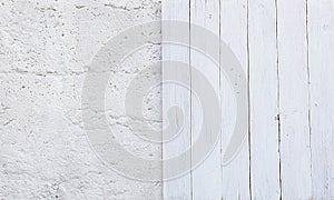 White wooden planks and concrete surface background.