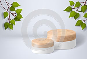 White wooden podium on a white background with leaves. product presentation, mockup, cosmetic product display, pedestal