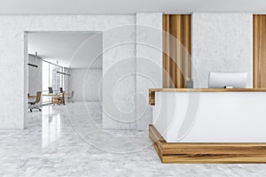 White and wooden reception room in open space business office