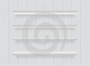 White wooden shelf on wood wall. Bookshelf on wooden background. Interior for store, library. Blank bookshelves for books,