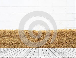 White wooden stair perspective Against the backdrop straw and white walls.