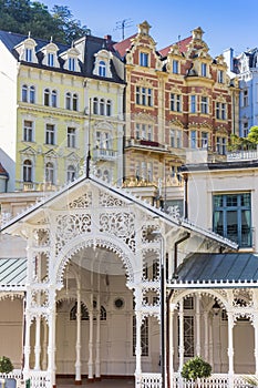 White wooden structure of the Kolonada in Karlovy Vary