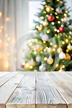 White Wooden Table with Blurred Christmas Background photo