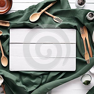 White wooden table covered with green tablecloth and cooking utensils. View from top. Empty tablecloth for product montage