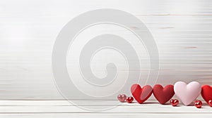 white wooden table with red hearts bokeh, valentines day love concept with copy space