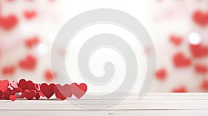 white wooden table with red hearts bokeh, valentines day love concept with copy space