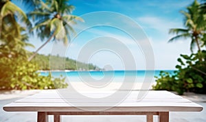 White Wooden Table Top And Blur Tropical Beach Of The Blur Exterior Background