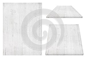 White wooden wall, table, floor surface, wooden texture. Objects are isolated on white background