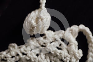 White wool handmade knitted part of blouse , super macro closeup, concept Softness is tenderness.